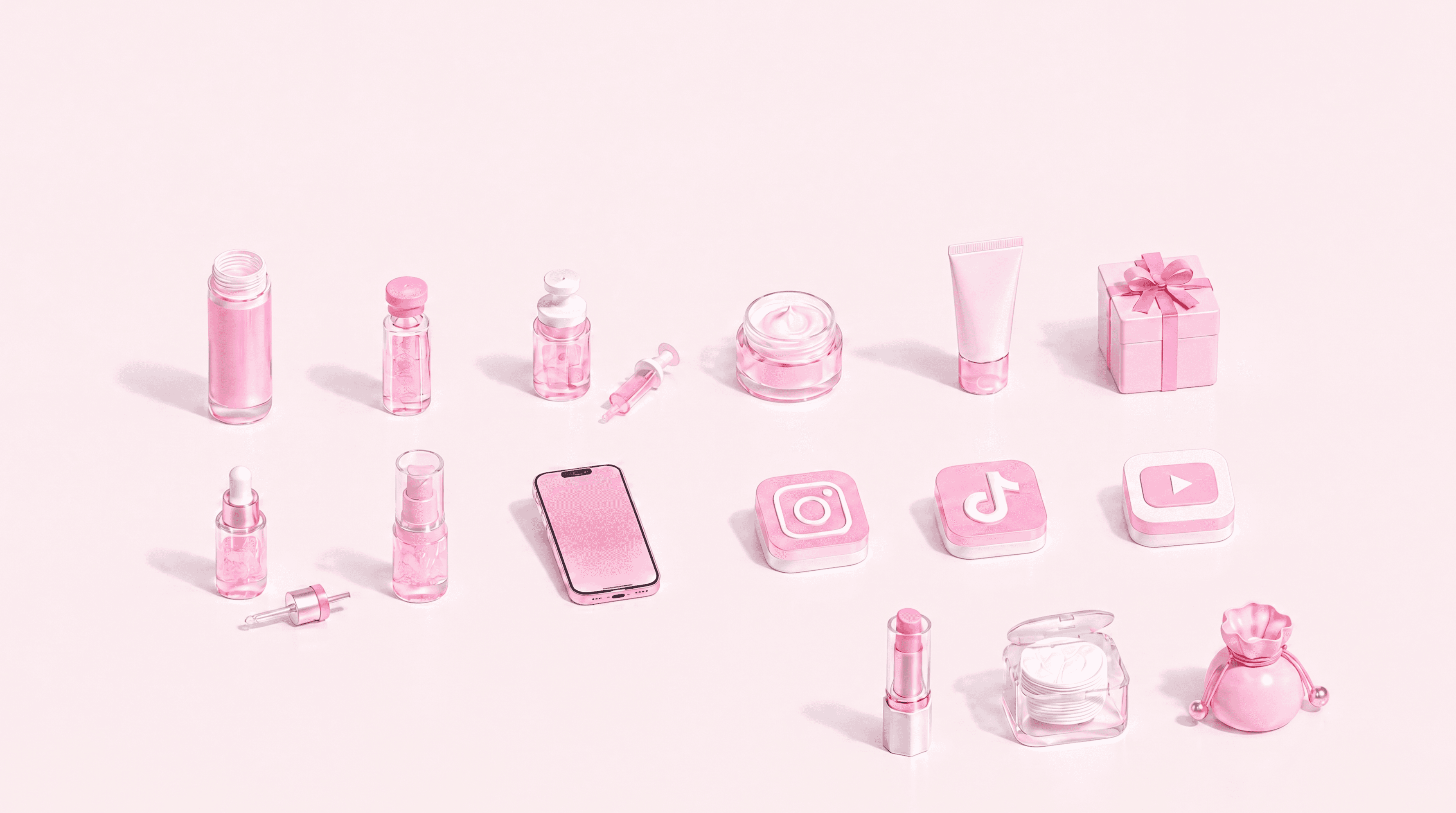 Pink beauty products and social platform visuals representing AI beauty short-form creation